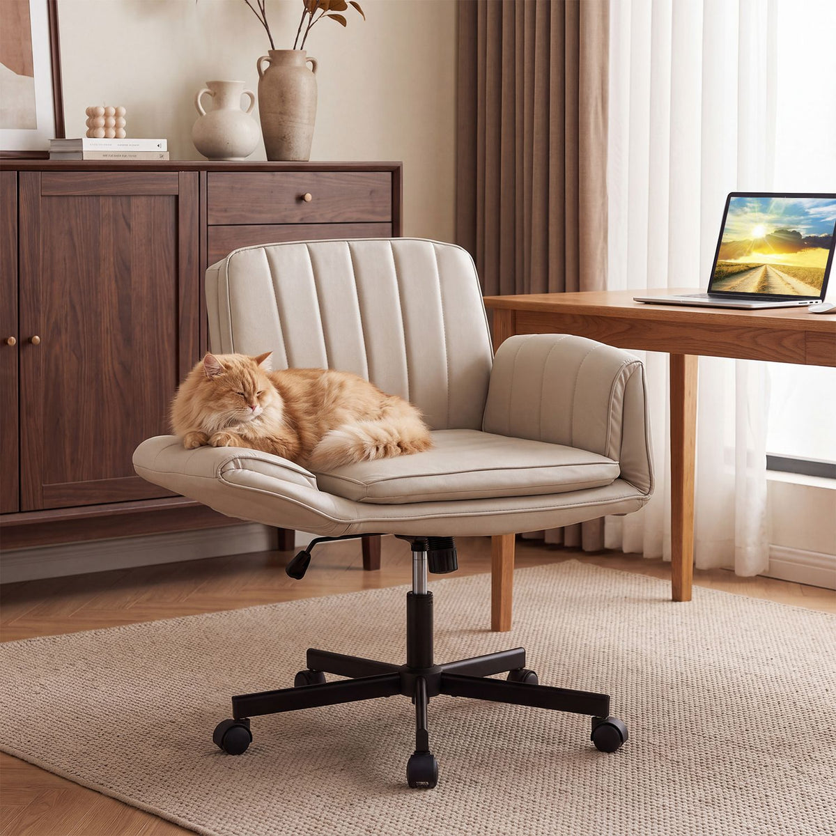 Beige Criss Cross office chair with 5-level adjustable arms and wheels, ergonomic home office furniture from Wilsons Home Store