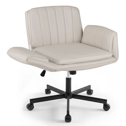 Beige criss cross office chair with 5-level adjustable arms and wheels, designed for comfortable home office seating.