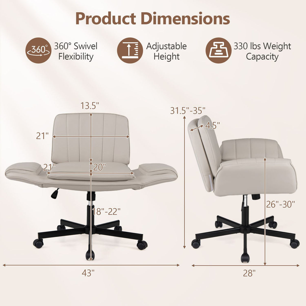 Beige Criss Cross office chair with 5-level adjustable arms and wheels, designed for ergonomic home office seating.