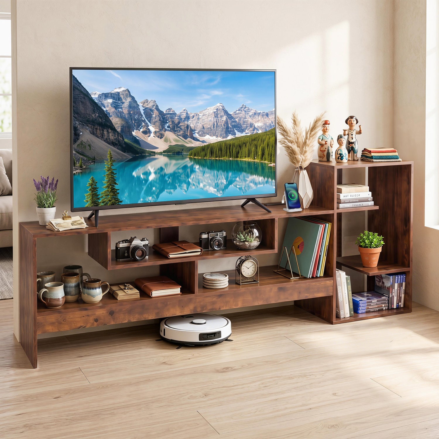 Rustic brown cube TV stand for 55-inch TV with open shelves and built-in power outlets, ideal for living room entertainment.