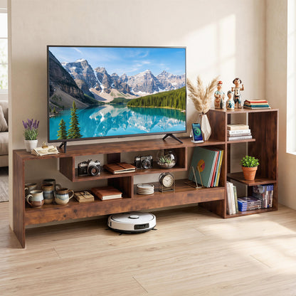 Rustic brown cube TV stand for 55-inch TV with open shelves and built-in power outlets, ideal for living room entertainment.