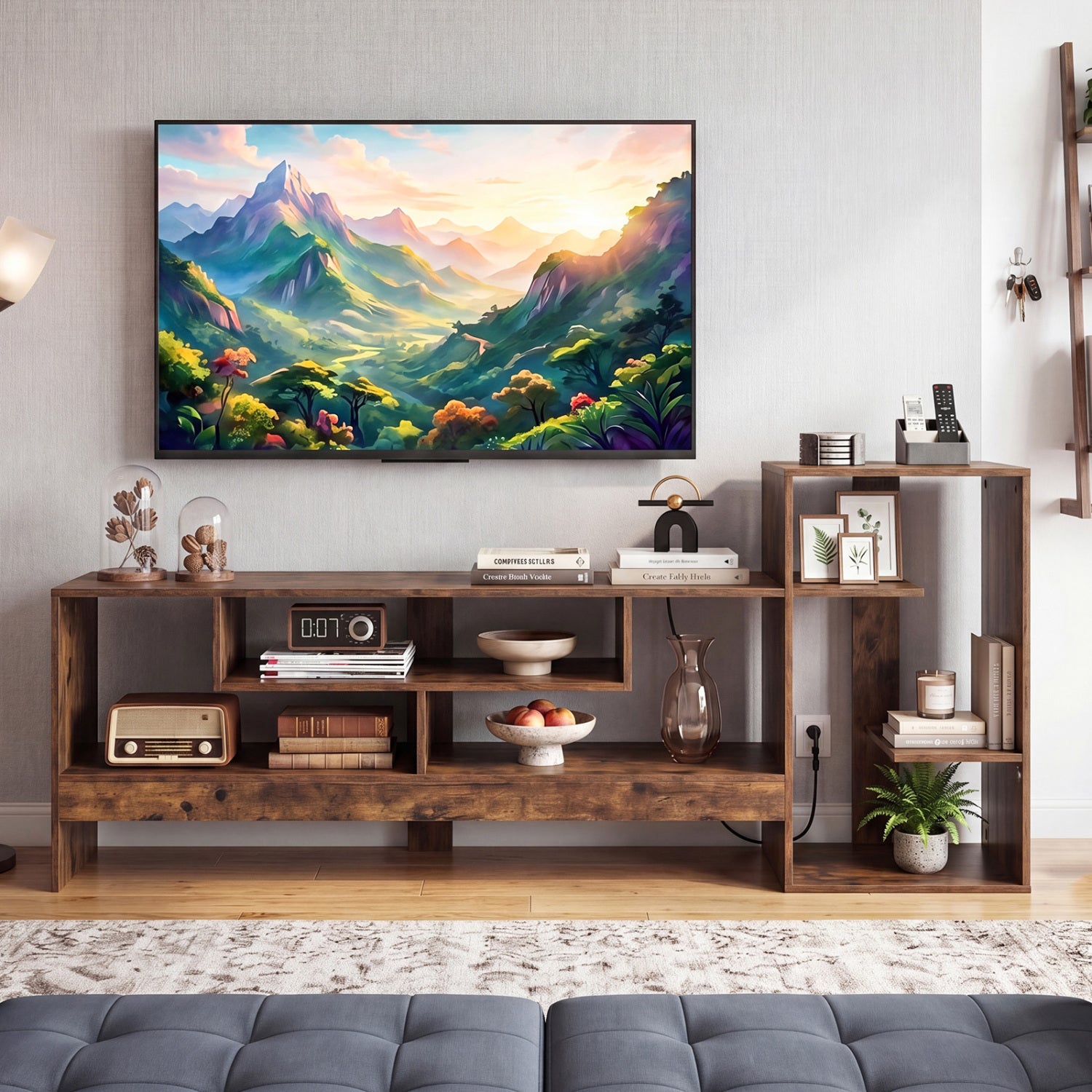 Rustic brown cube TV stand for 55-inch TV with open shelves and built-in power outlets, modern entertainment furniture.