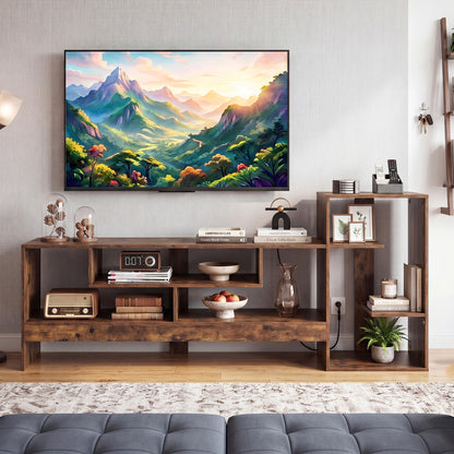 Rustic brown cube TV stand for 55-inch TV with open shelves and built-in power outlets, modern entertainment furniture.