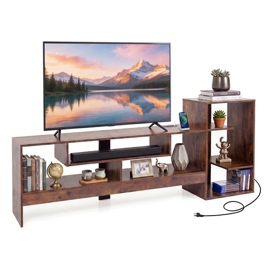 Rustic brown cube TV stand for 55-inch TV with open shelves and built-in power outlets, ideal for modern living room entertainment.