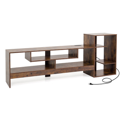 Rustic brown cube TV stand for 55-inch TV with open shelves and built-in power outlets, modern entertainment center.