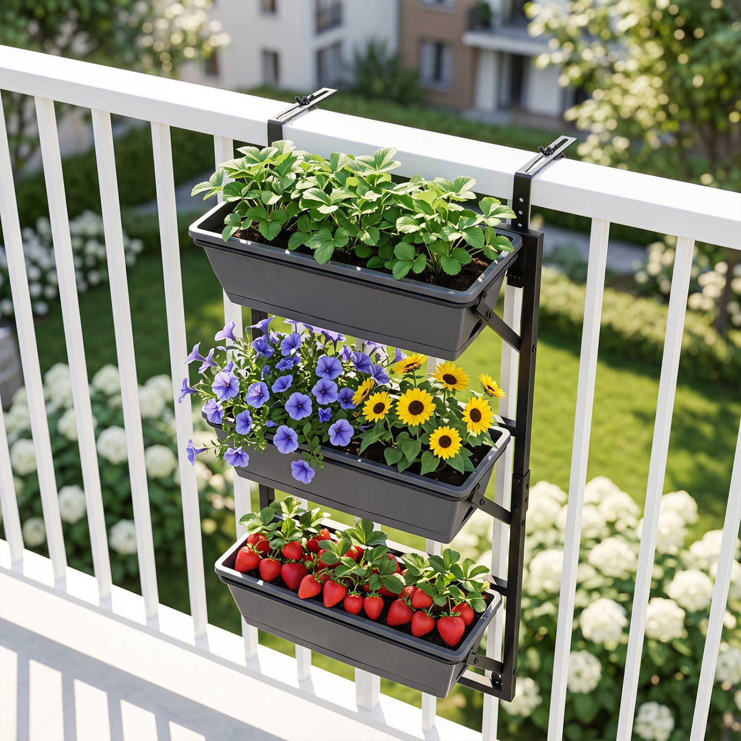 Deck Railing Planter Boxes with Adjustable Brackets & 3-Tier Design for Porch Patio-Black