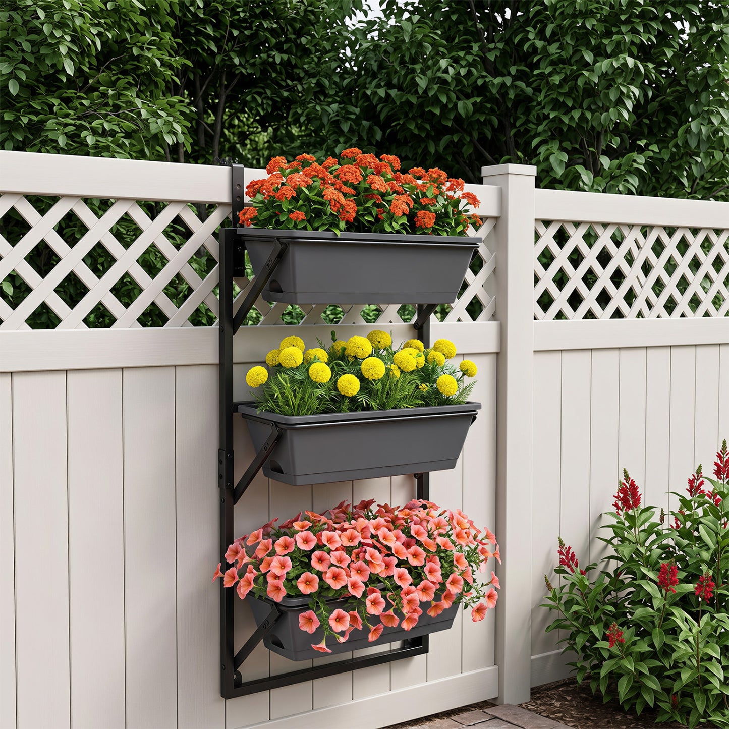 Deck Railing Planter Boxes with Adjustable Brackets & 3-Tier Design for Porch Patio-Black