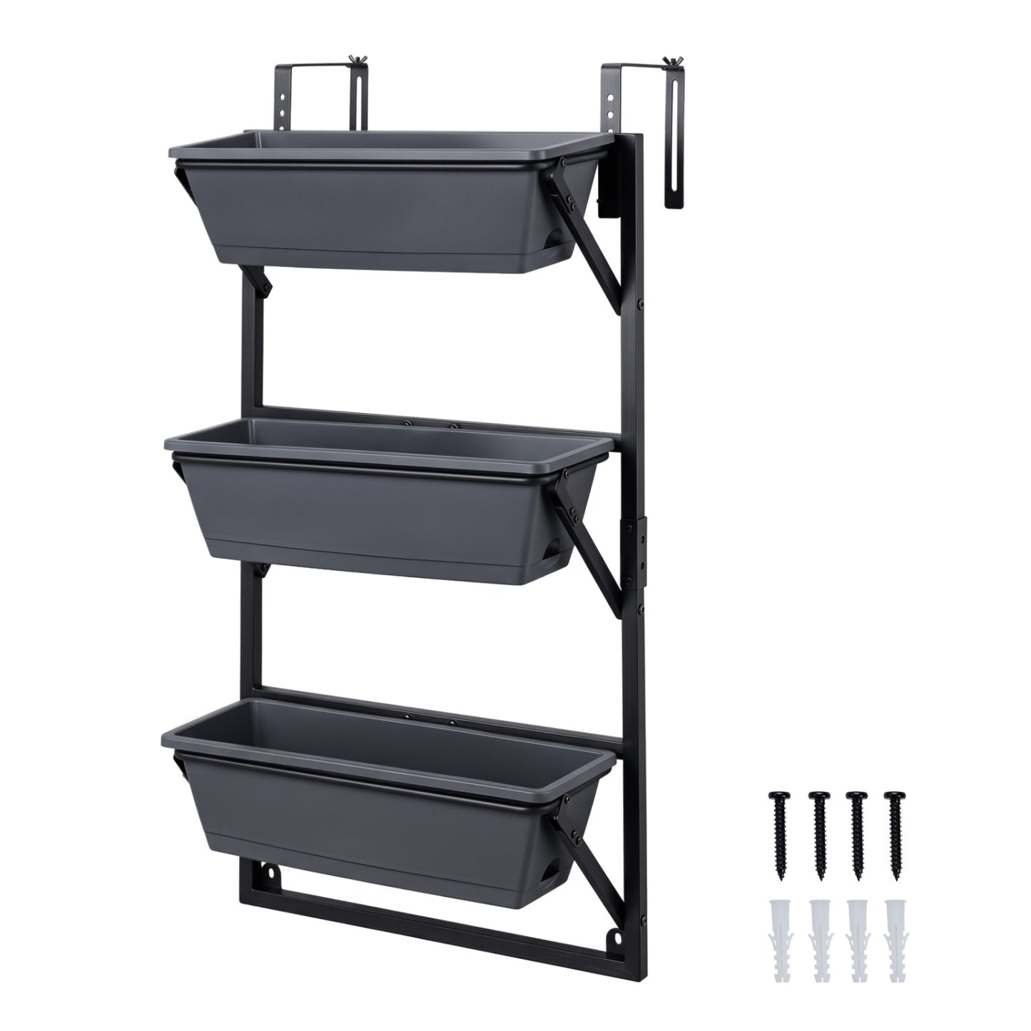 Deck Railing Planter Boxes with Adjustable Brackets & 3-Tier Design for Porch Patio-Black