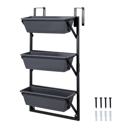 Black deck railing planter boxes with adjustable brackets and three-tier design for porch or patio gardening.