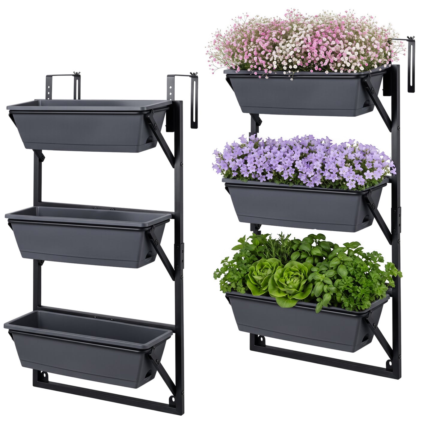 Deck Railing Planter Boxes with Adjustable Brackets & 3-Tier Design for Porch Patio-Black