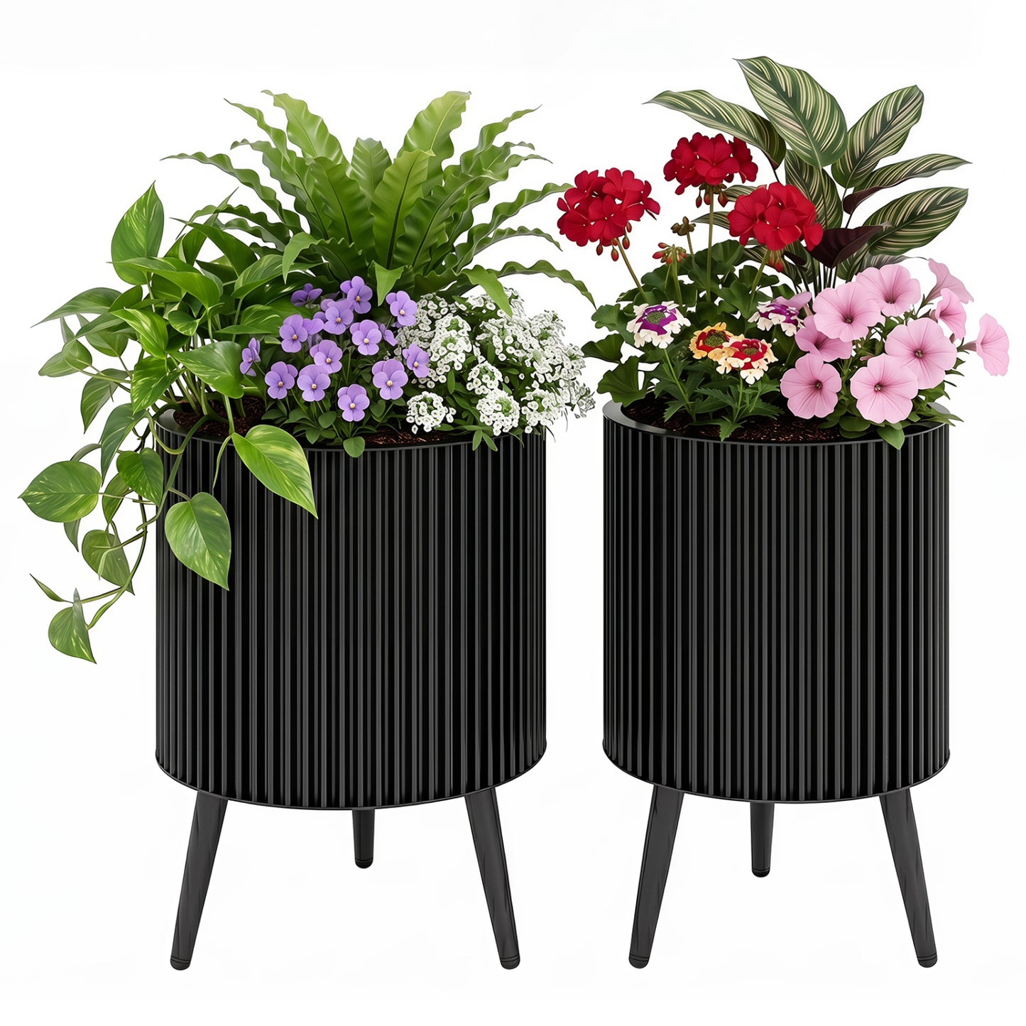 Set of two decorative flower pots with stands and drainage holes, suitable for outdoor garden or raised bed planting.