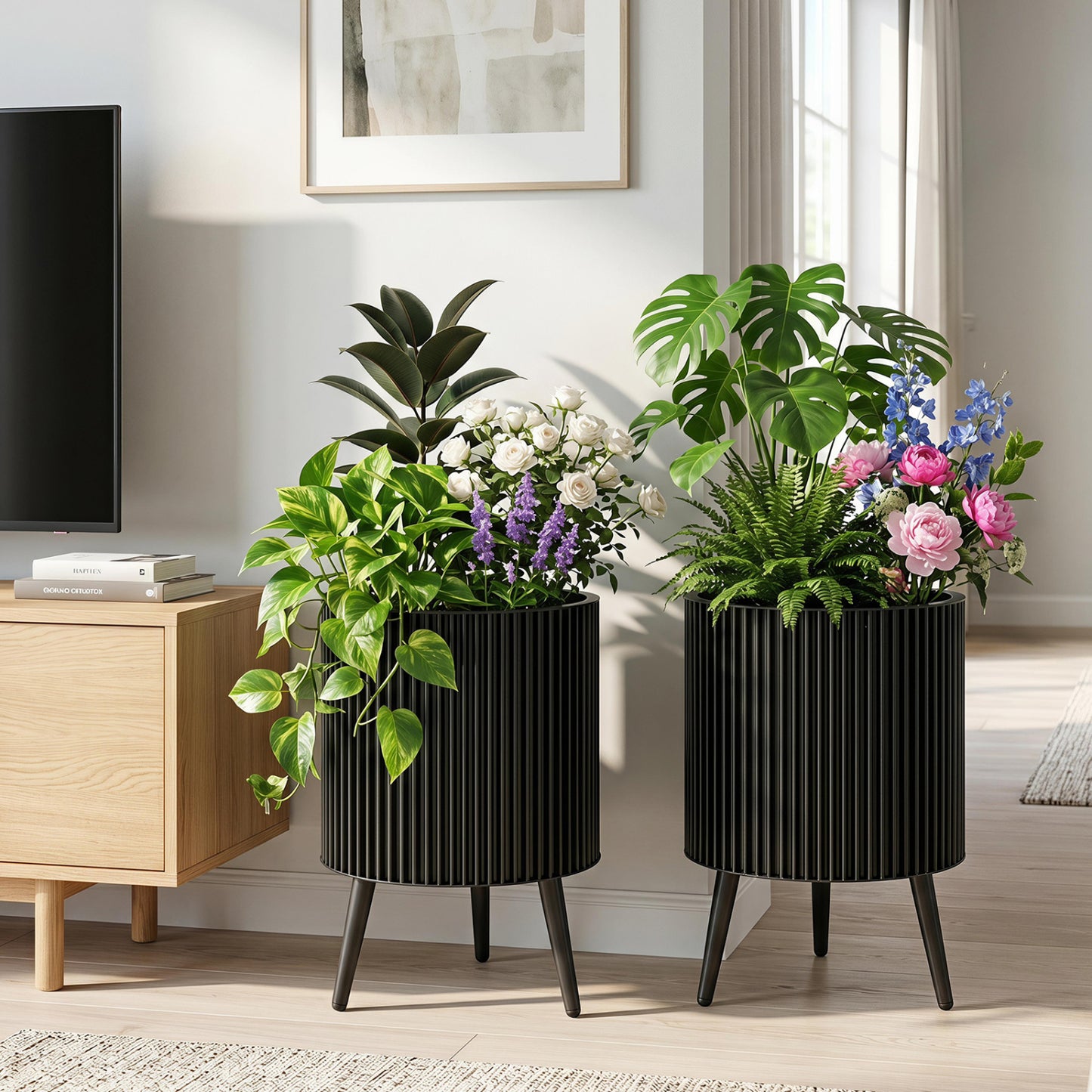 Set of two decorative flower pots with stands and drainage holes for outdoor garden use, by Direct by Wilsons Home Store.