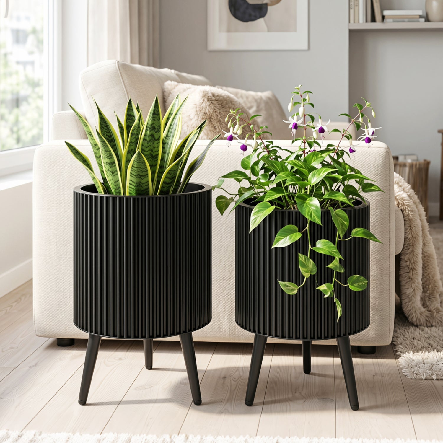 Set of two decorative flower pots with stands and drainage holes for outdoor garden planting by Wilsons Home Store