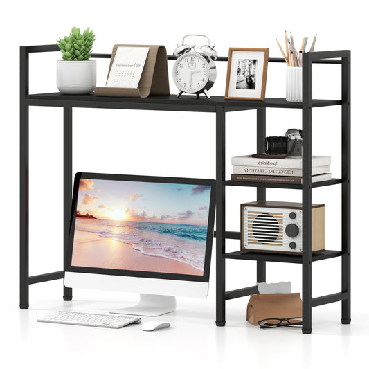 Black desktop bookshelf with storage and display racks, 38.5 inches wide, ideal for home office organization and book storage.