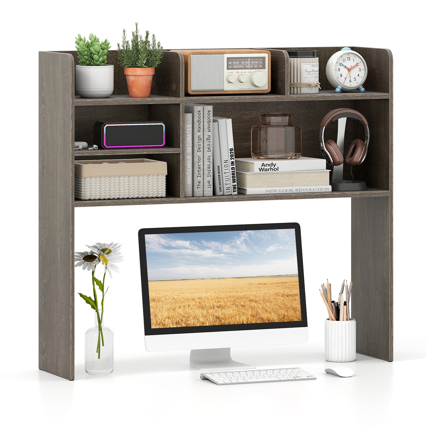 Desktop Bookshelf Countertop Storage Hutch with 6 Shelves-Beige