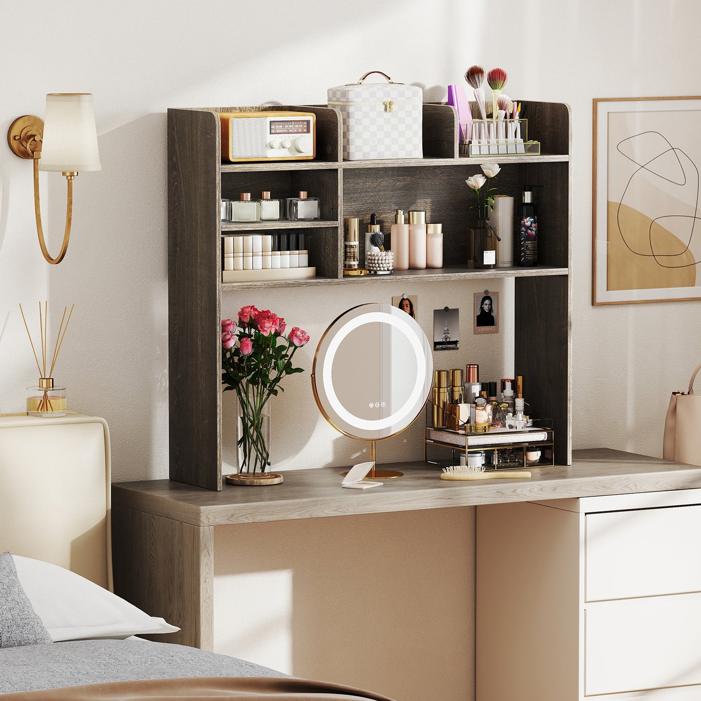Desktop Bookshelf Countertop Storage Hutch with 6 Shelves-Beige