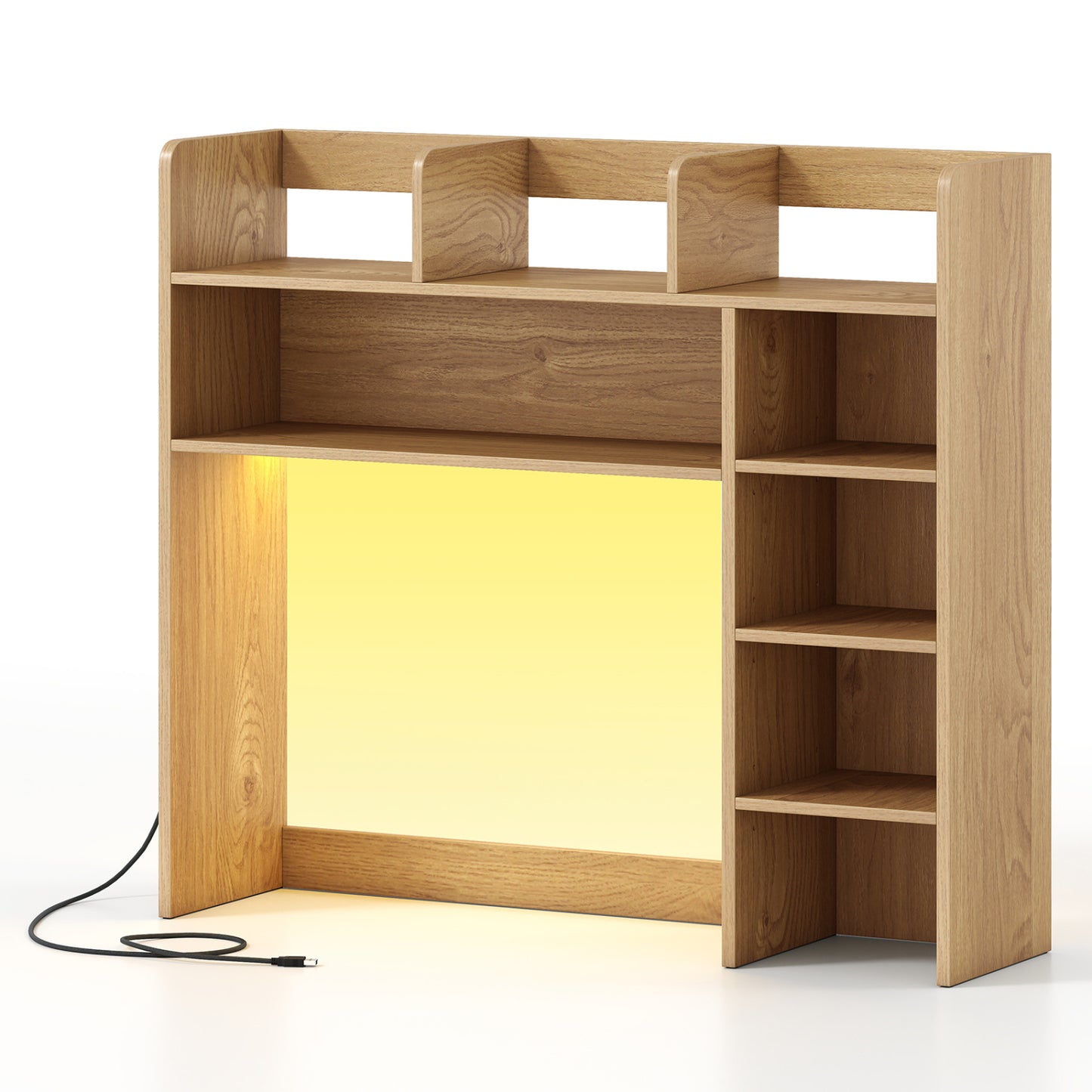 Desktop Bookshelf with LED Lights 35.5 inch Desk Hutch Storage Organizer-Beige