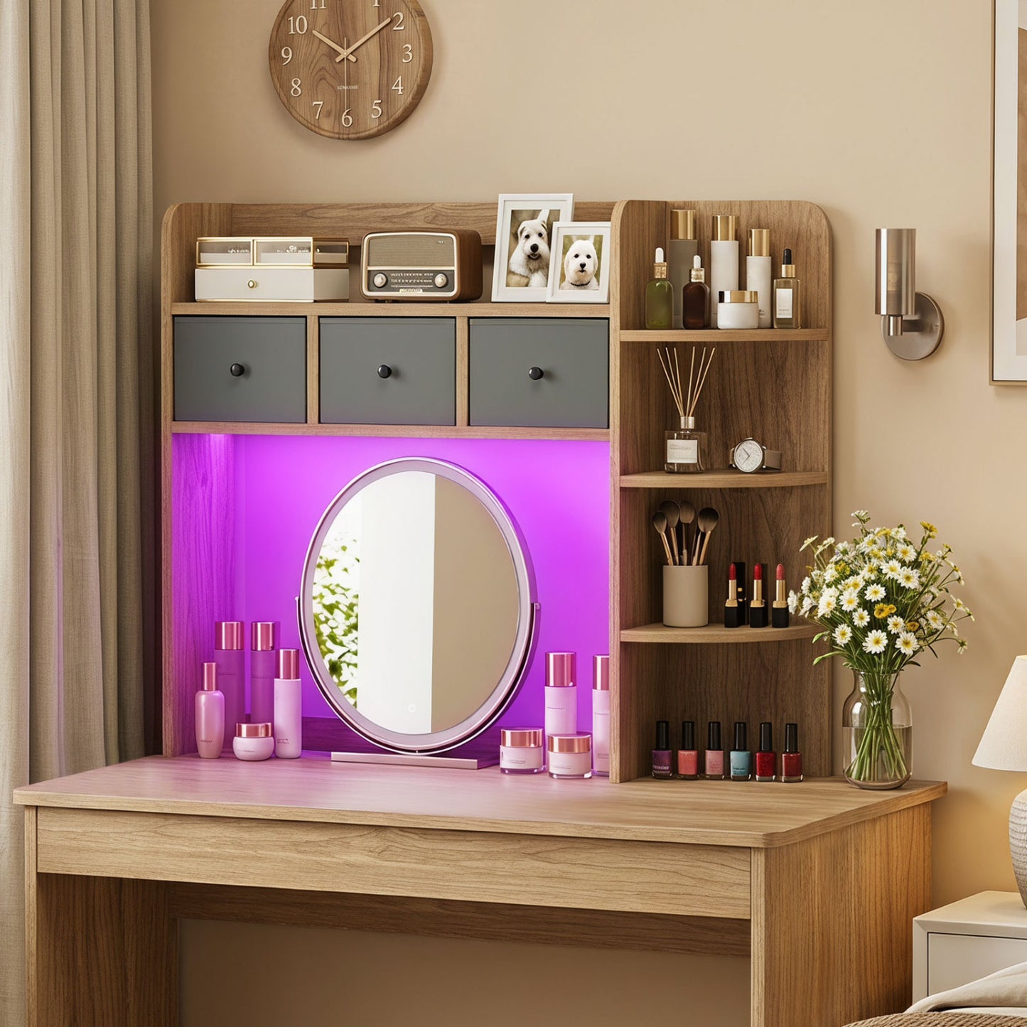 Desktop Bookshelf with LED Lights 5-Tier Shelves and 3 Drawers for Home Officce-Brown