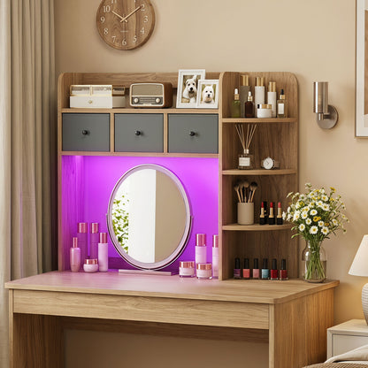 Desktop Bookshelf with LED Lights 5-Tier Shelves and 3 Drawers for Home Officce-Brown