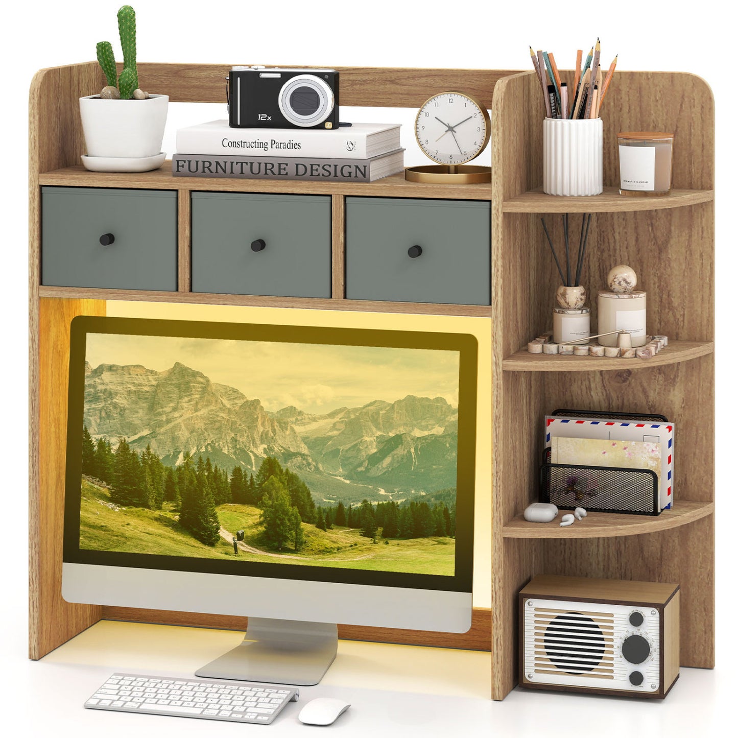 Desktop Bookshelf with LED Lights 5-Tier Shelves and 3 Drawers for Home Officce-Brown