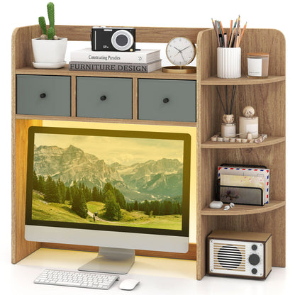 Desktop Bookshelf with LED Lights 5-Tier Shelves and 3 Drawers for Home Officce-Brown