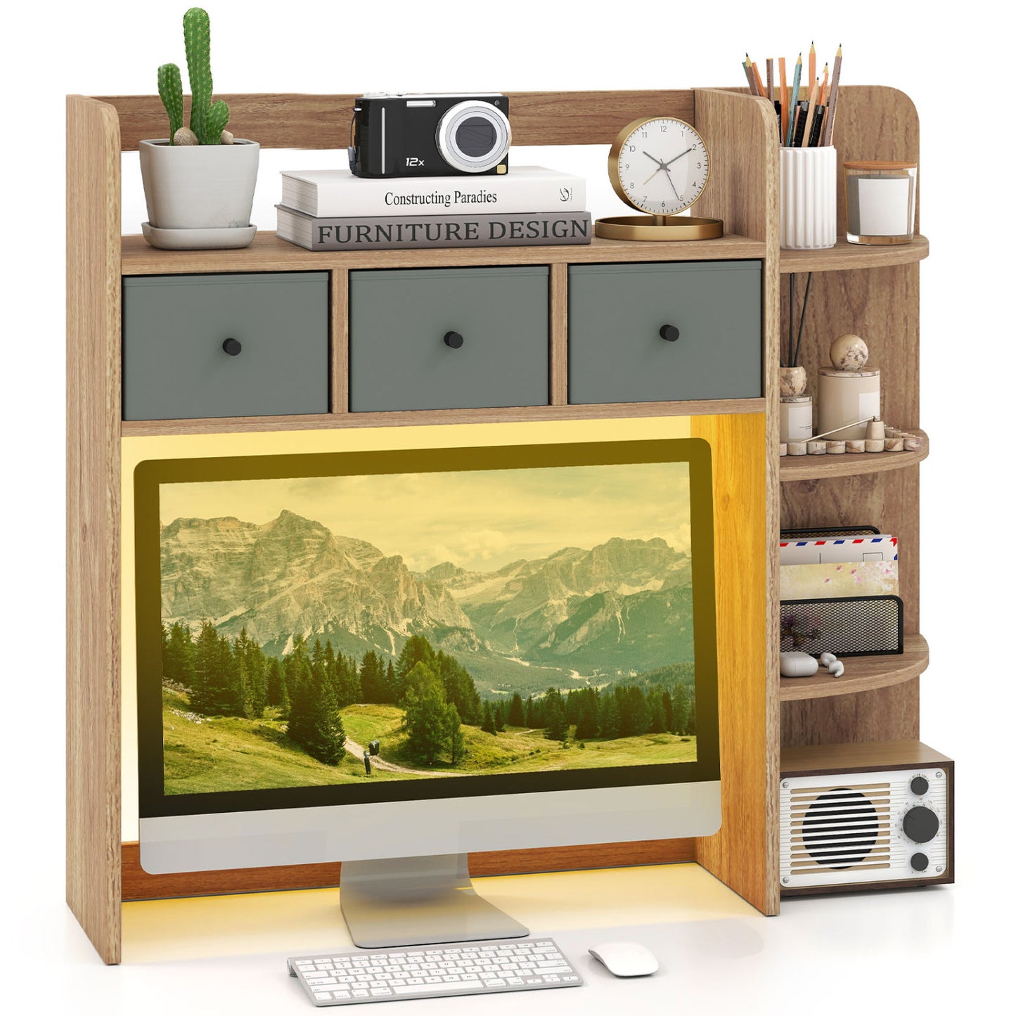 Desktop Bookshelf with LED Lights 5-Tier Shelves and 3 Drawers for Home Officce-Brown