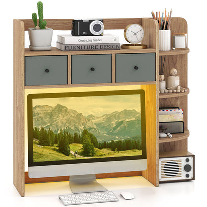 Desktop Bookshelf with LED Lights 5-Tier Shelves and 3 Drawers for Home Officce-Brown