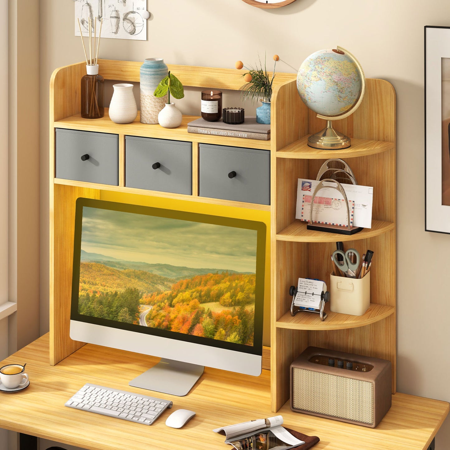 Desktop Bookshelf with LED Lights 5-Tier Shelves and 3 Drawers for Home Officce-Brown