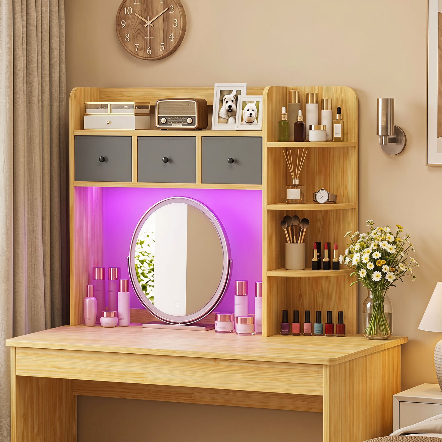 Desktop Bookshelf with LED Lights 5-Tier Shelves and 3 Drawers for Home Officce-Brown
