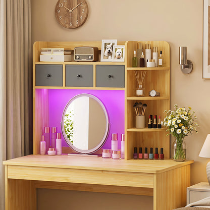 Desktop Bookshelf with LED Lights 5-Tier Shelves and 3 Drawers for Home Officce-Brown