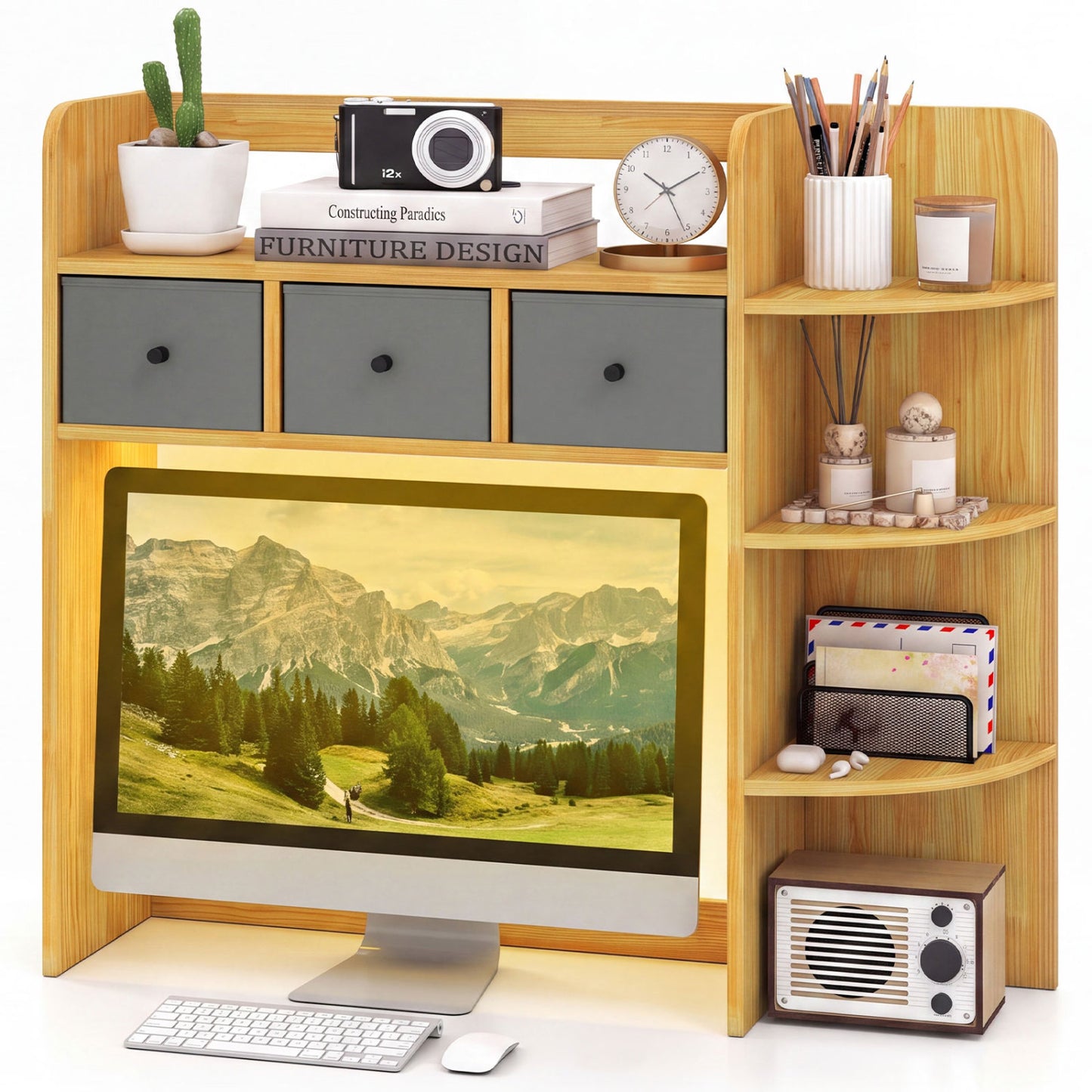 Desktop Bookshelf with LED Lights 5-Tier Shelves and 3 Drawers for Home Officce-Brown