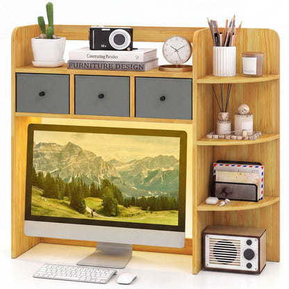 Desktop Bookshelf with LED Lights 5-Tier Shelves and 3 Drawers for Home Officce-Brown