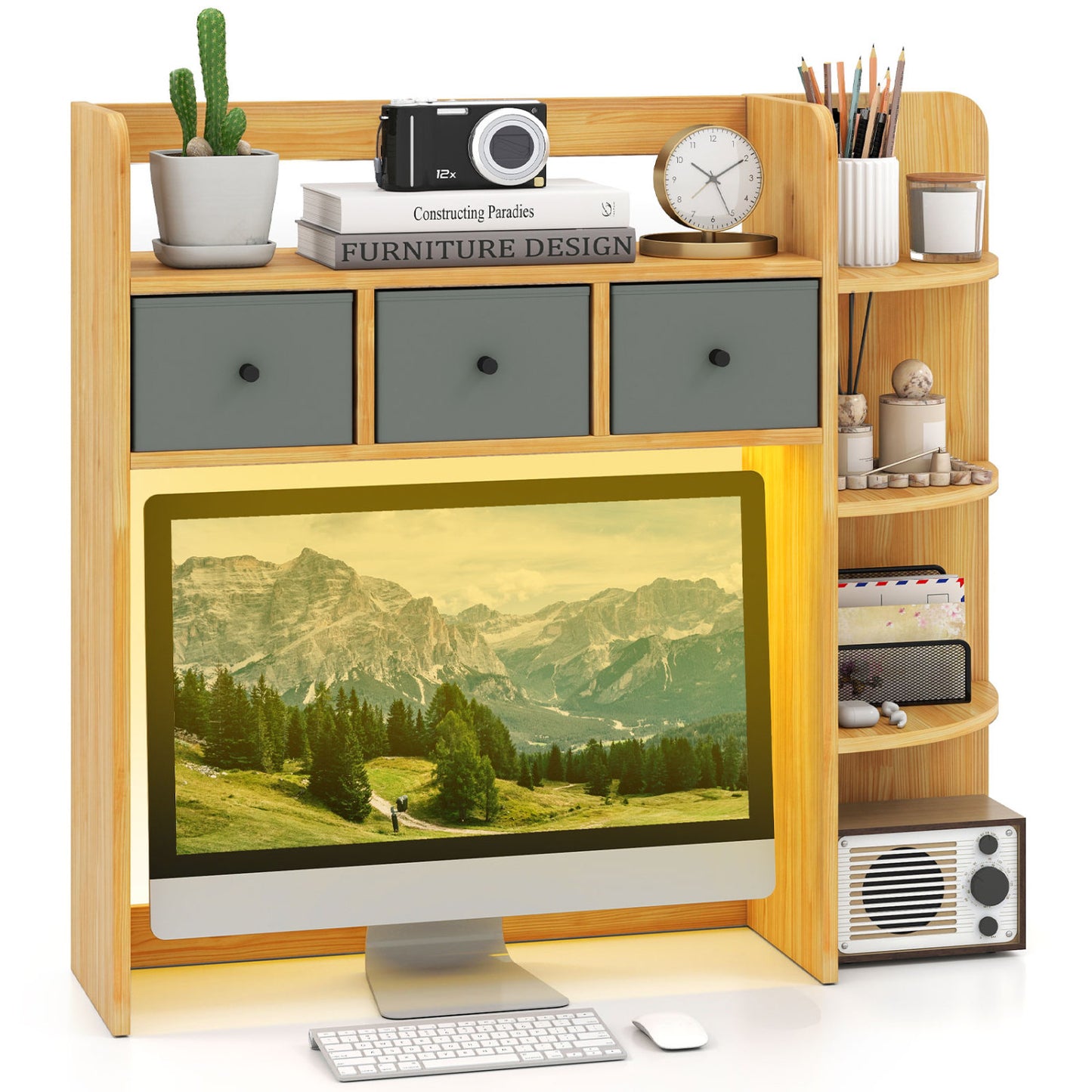 Desktop Bookshelf with LED Lights 5-Tier Shelves and 3 Drawers for Home Officce-Brown
