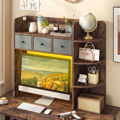 Desktop Bookshelf with LED Lights 5-Tier Shelves and 3 Drawers for Home Officce-Brown
