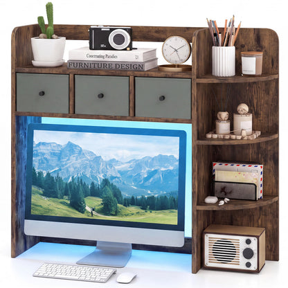 Desktop Bookshelf with LED Lights 5-Tier Shelves and 3 Drawers for Home Officce-Brown