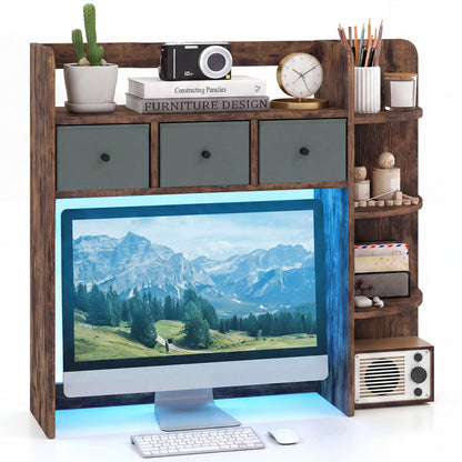 Desktop Bookshelf with LED Lights 5-Tier Shelves and 3 Drawers for Home Officce-Brown