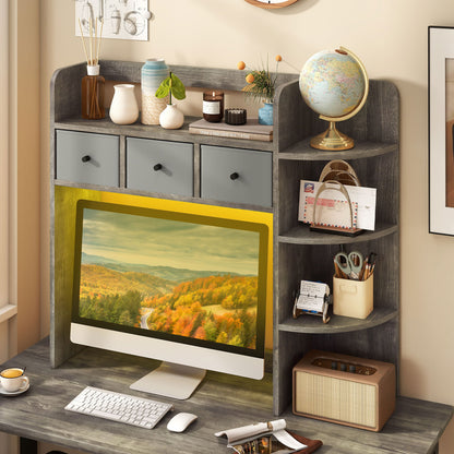 Desktop Bookshelf with LED Lights 5-Tier Shelves and 3 Drawers for Home Officce-Brown