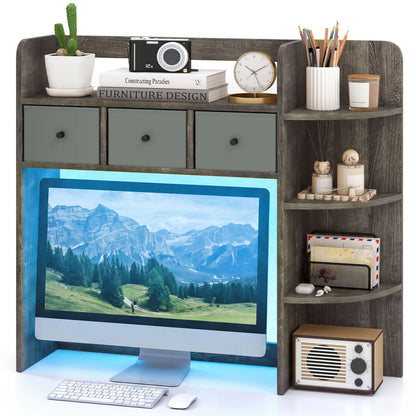 Desktop Bookshelf with LED Lights 5-Tier Shelves and 3 Drawers for Home Officce-Brown
