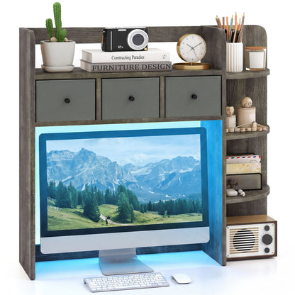 Desktop Bookshelf with LED Lights 5-Tier Shelves and 3 Drawers for Home Officce-Brown