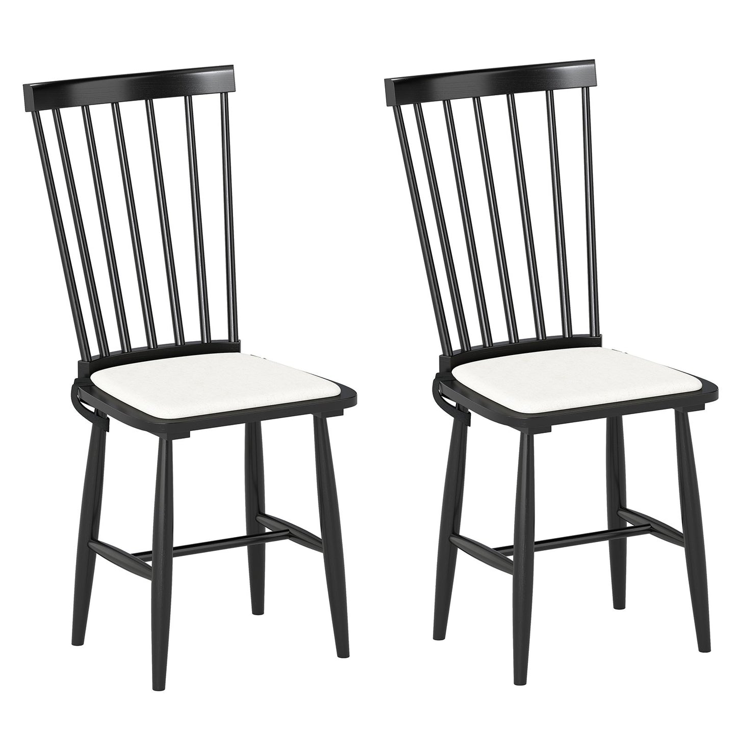 Dining Chairs Set of 2 Farmhouse Solid Rubber Wood Windsor Chairs with Removable Seat Cushions-Black