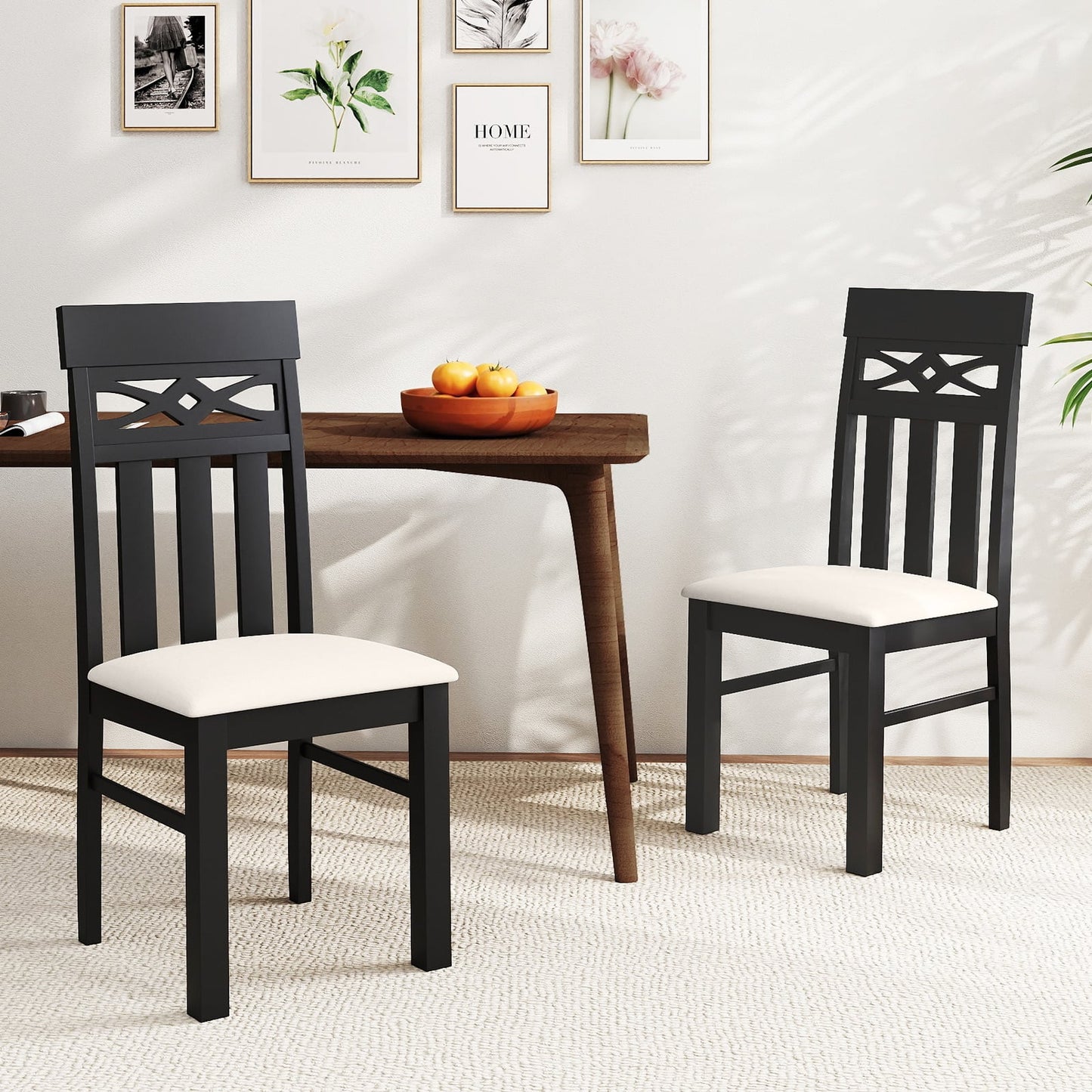 Dining Chairs Set of 2 High Back Dining Room Chairs with Padded Seat and Rubber Wood Frame-Black