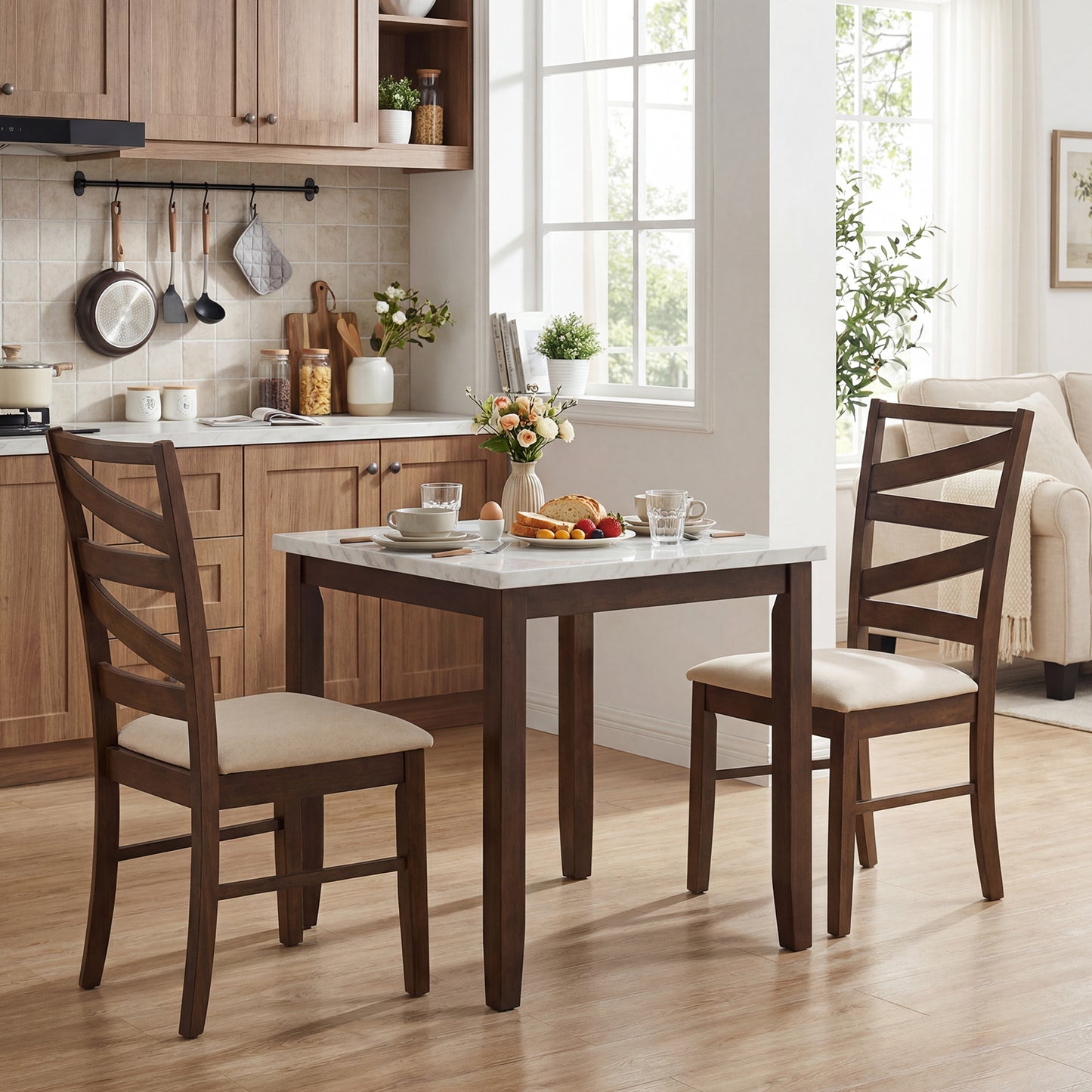 Dining Chairs Set of 2 with Backrests and Rubber Wood Frames-Brown