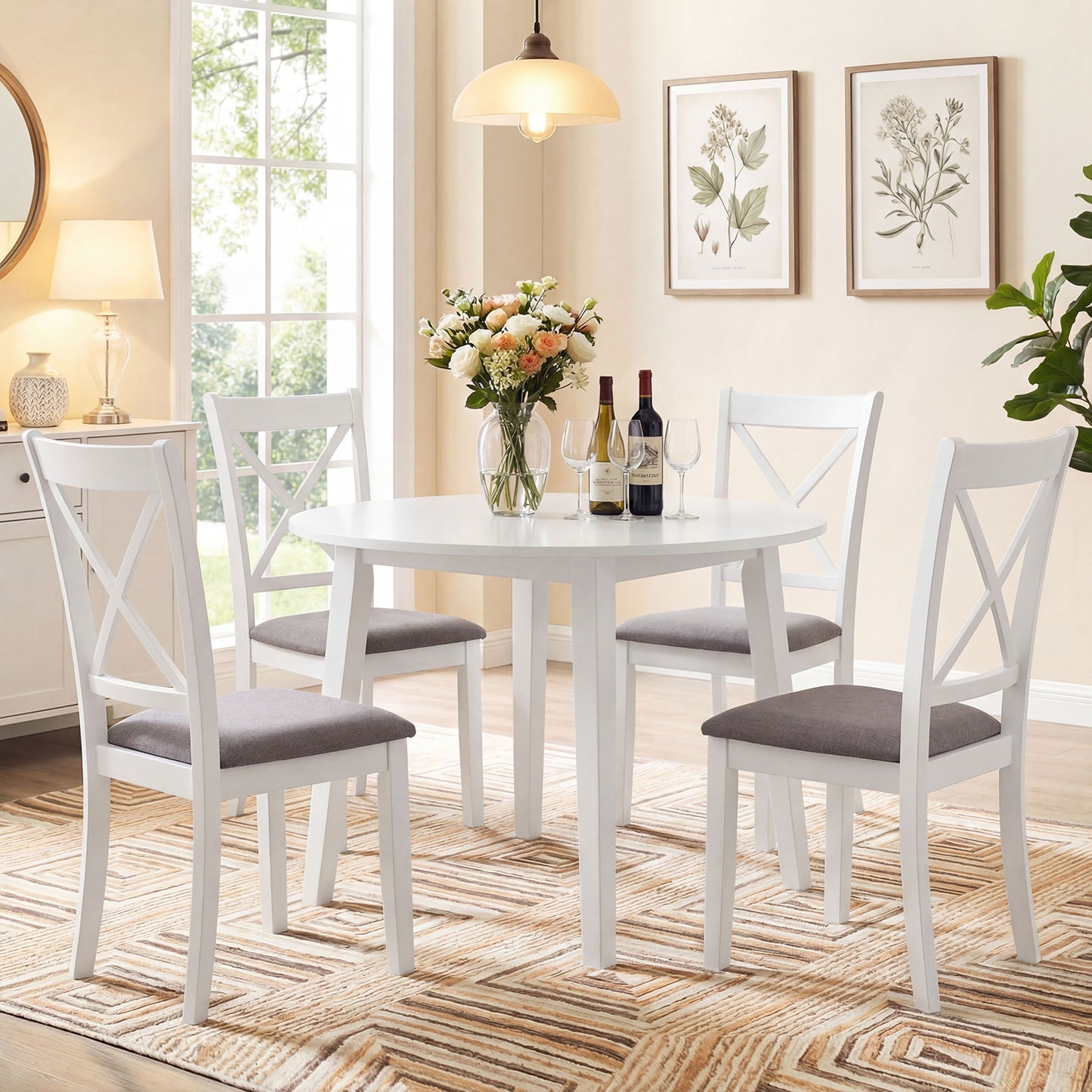 Dining Chairs Set of 4 Rubber Wood Dining Room Chairs with Comfortable Backrest and Padded Seat-White