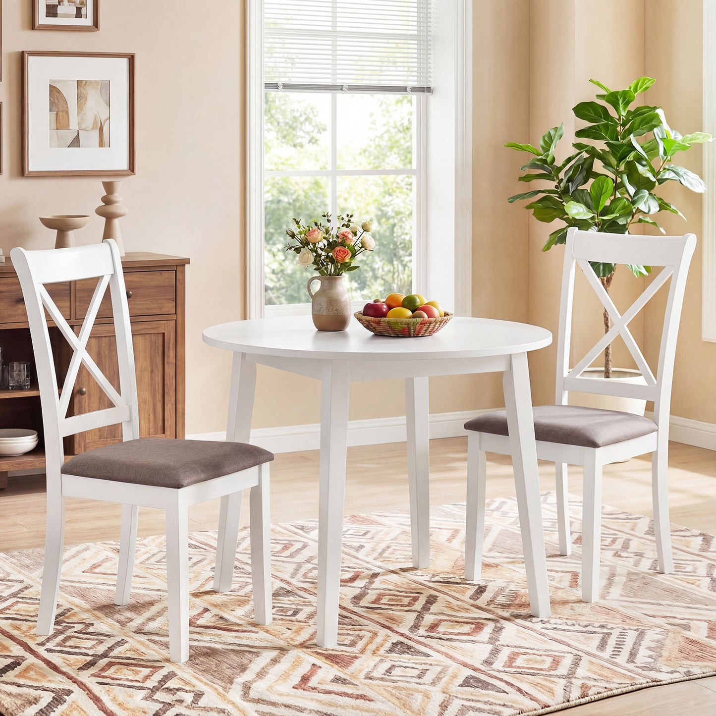 Dining Chairs Set of 2 Rubber Wood Dining Room Chairs with Comfortable Backrest and Padded Seat-White