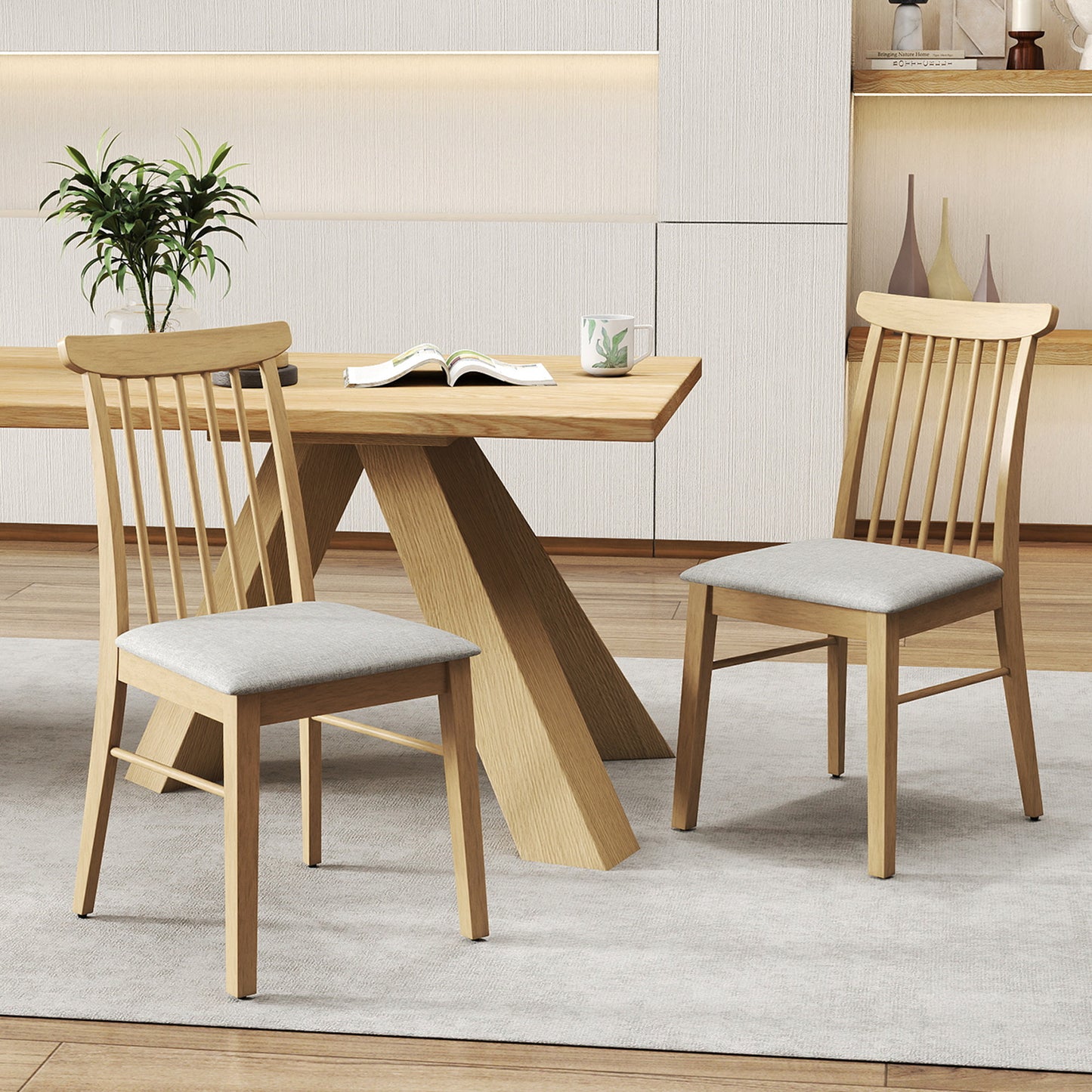 Dining Chairs Set of 2 Fabric Upholstered Kitchen Armless Chairs with Rubber Wood Frame-Natural