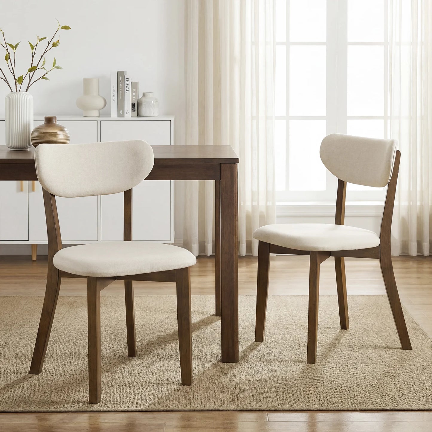 Dining Chairs Set of 2 Upholstered Mid-Back Chairs with Solid Rubber Wood Frame-White