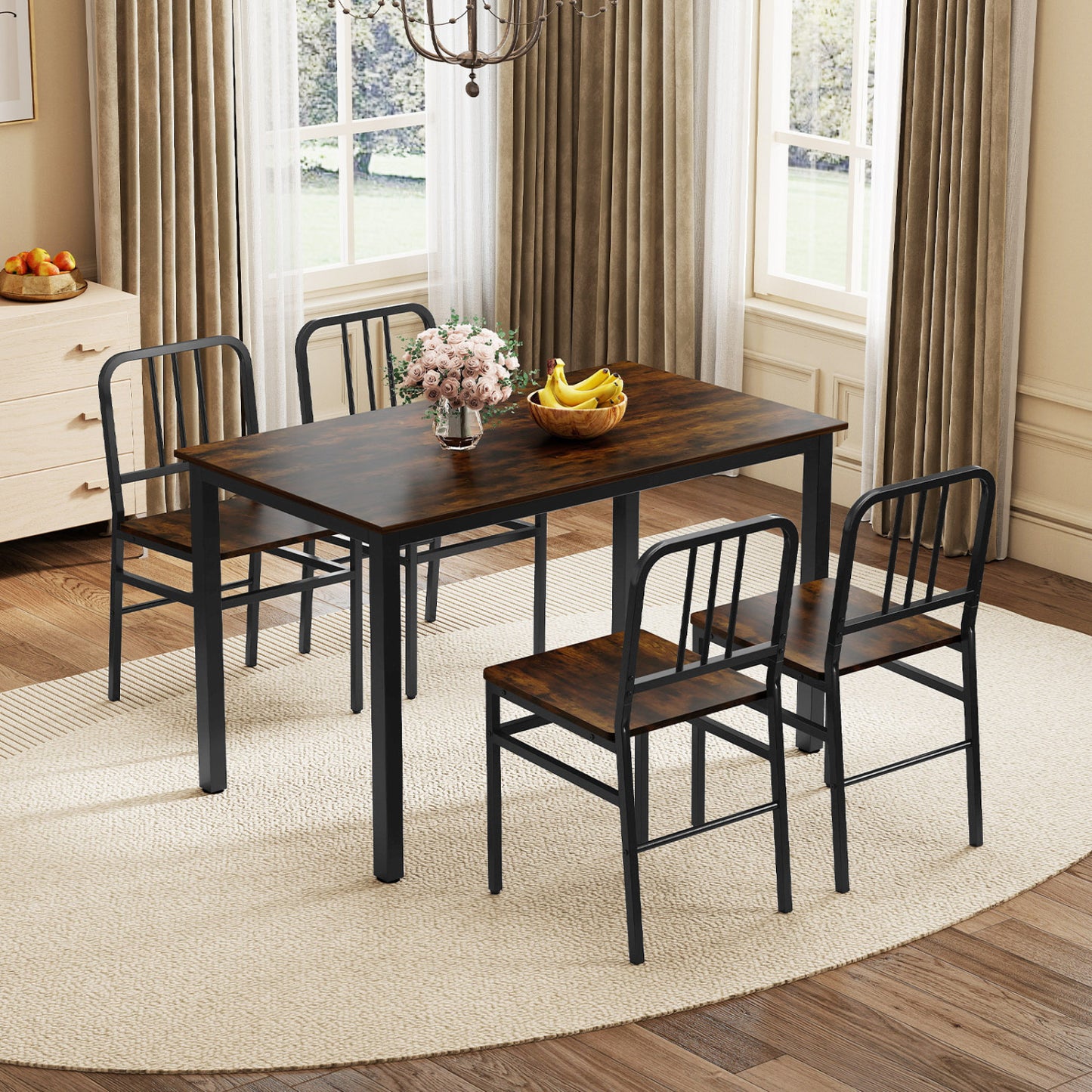 Dining Chairs Set of 4 with Slatted Backrest & Metal Frame and Wooden Seat-Gray