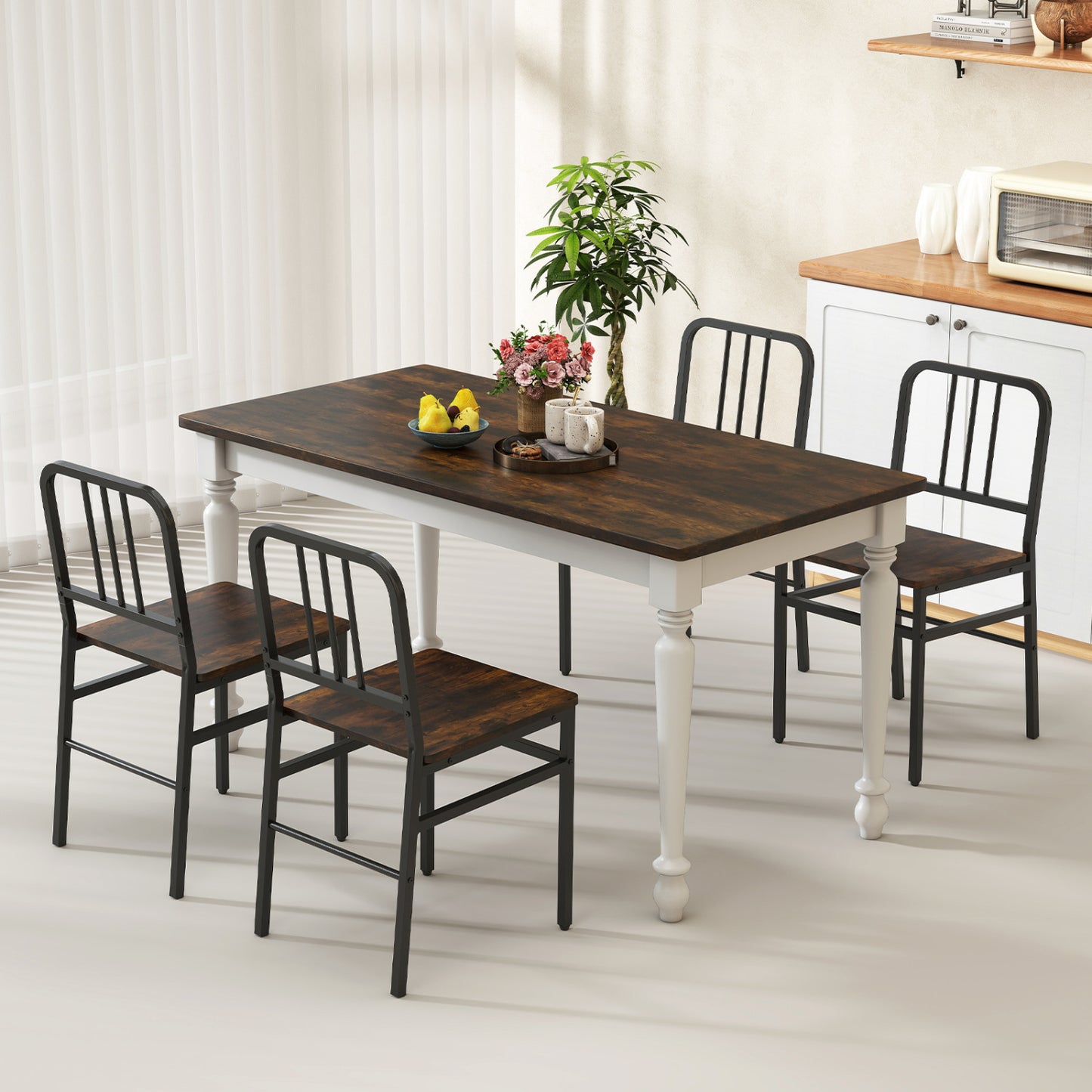 Dining Chairs Set of 4 with Slatted Backrest & Metal Frame and Wooden Seat-Gray
