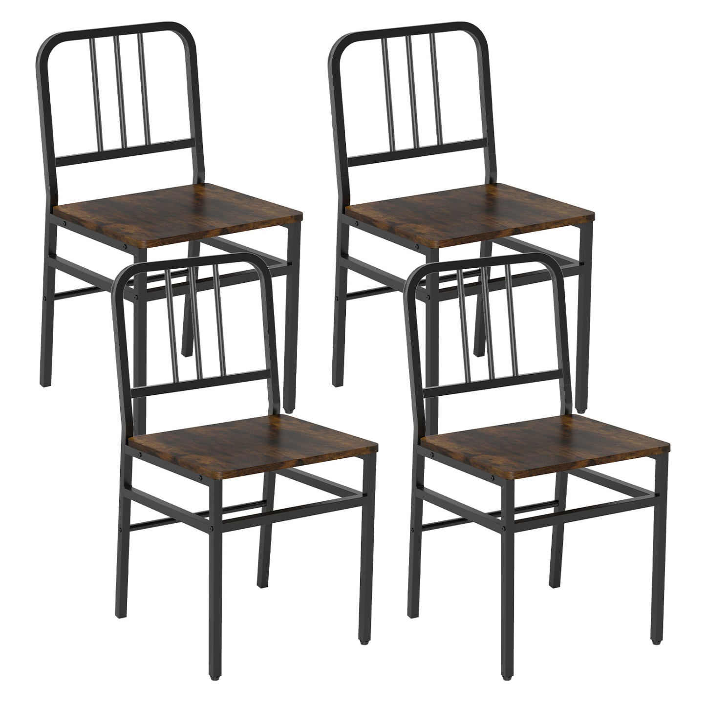 Dining Chairs Set of 4 with Slatted Backrest & Metal Frame and Wooden Seat-Gray