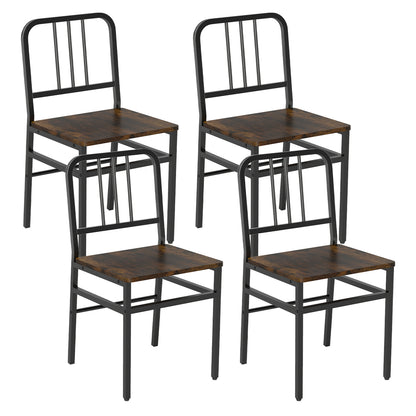 Dining Chairs Set of 4 with Slatted Backrest & Metal Frame and Wooden Seat-Gray